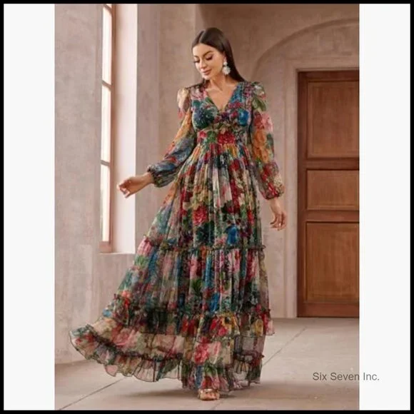 Polyester Maxi Dress Long Sleeve Casual Summer Wedding Guest - Picture 3 of 6